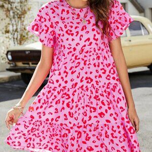 SHEIN Curve Animal Print Red Pink Dress Ruffle Short Sleeve FLAW